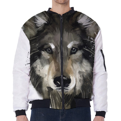 Watercolor Painting Wolf Print Zip Sleeve Bomber Jacket