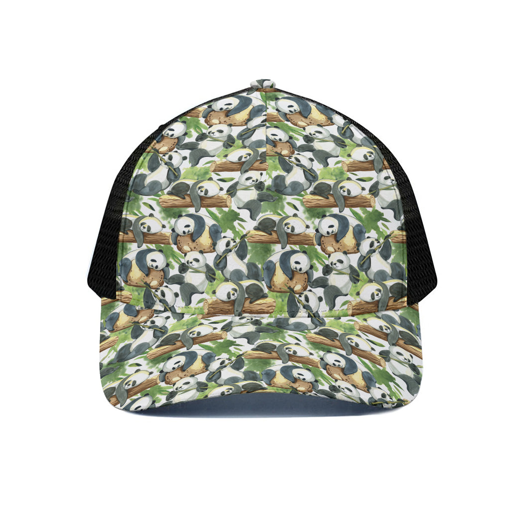 Watercolor Panda Bear Pattern Print Black Mesh Trucker Cap
