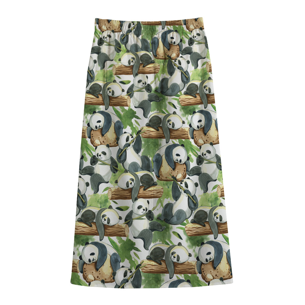 Watercolor Panda Bear Pattern Print Cotton Front Slit Maxi Skirt