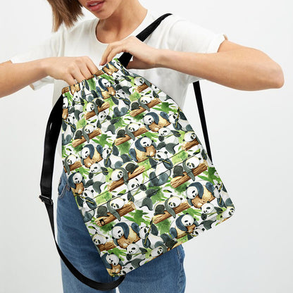 Watercolor Panda Bear Pattern Print Drawstring Backpack