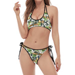 Watercolor Panda Bear Pattern Print Halter Scoop Tie Side Bikini
