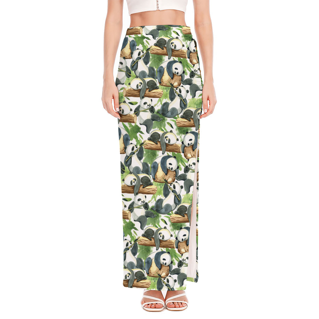 Watercolor Panda Bear Pattern Print High Slit Maxi Skirt