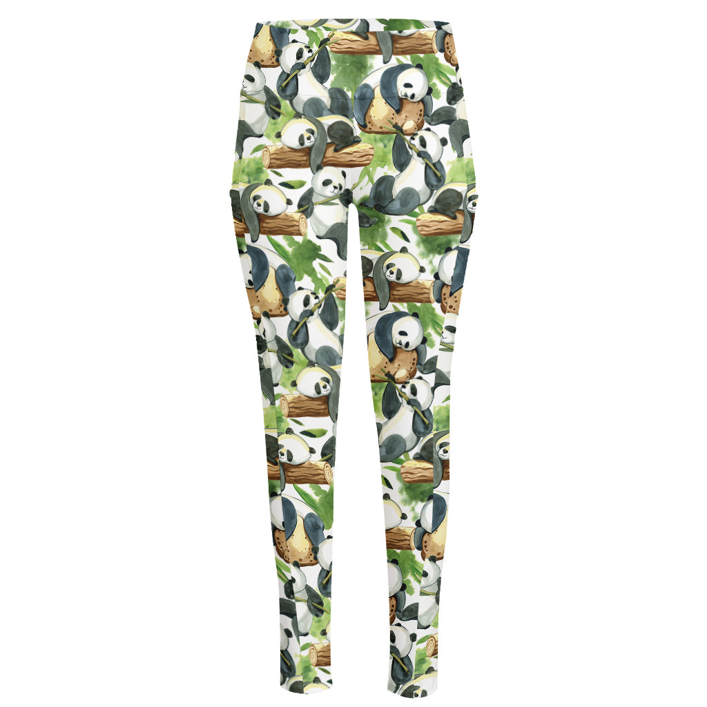 Watercolor Panda Bear Pattern Print High-Waisted Pocket Leggings