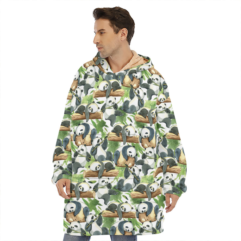 Watercolor Panda Bear Pattern Print Hoodie Blanket