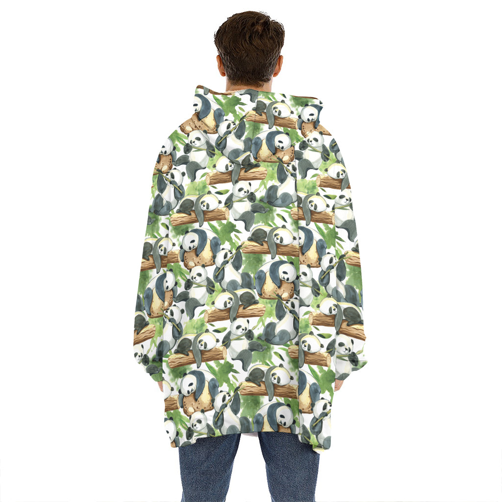 Watercolor Panda Bear Pattern Print Hoodie Blanket