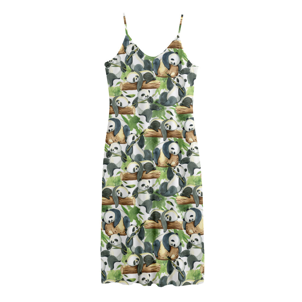 Watercolor Panda Bear Pattern Print Jersey Midi Cami Dress