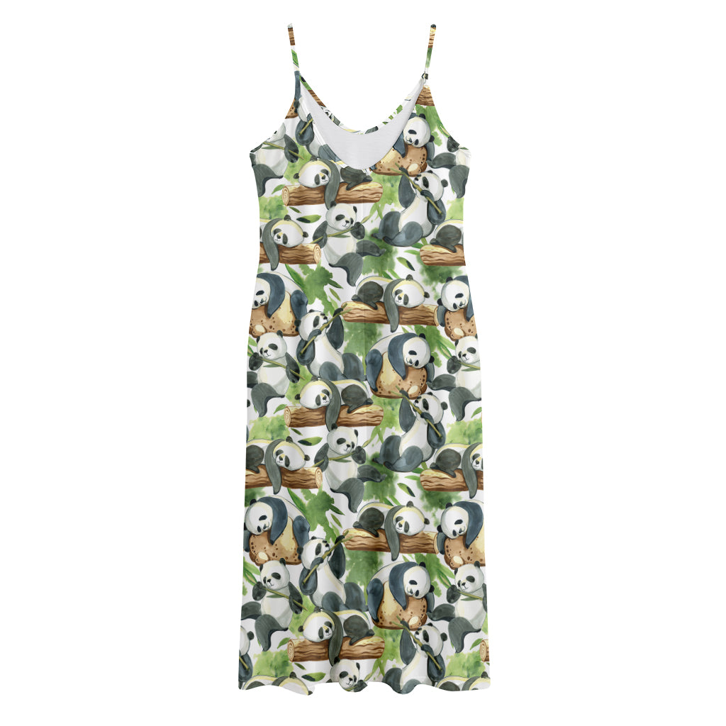 Watercolor Panda Bear Pattern Print Jersey Midi Cami Dress