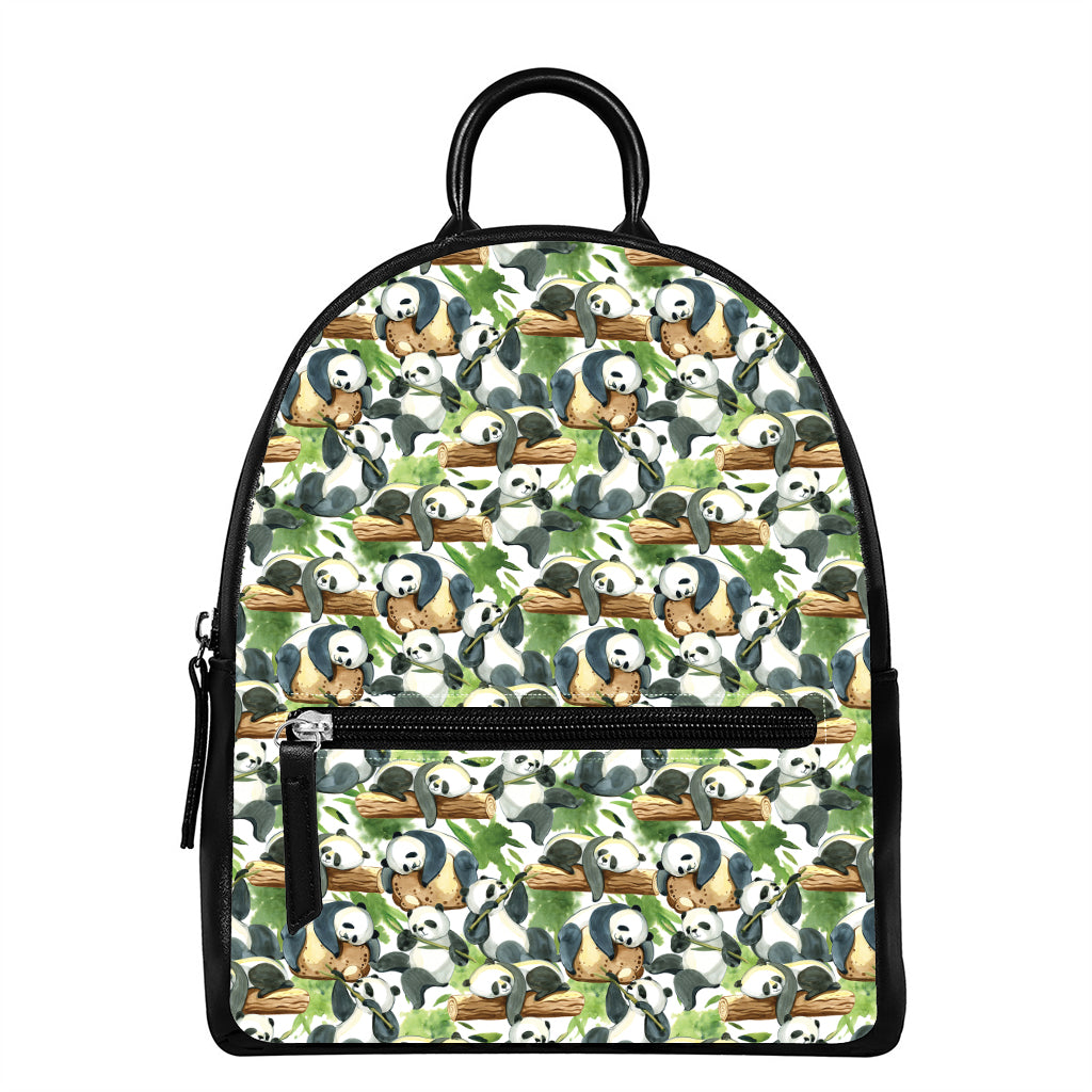 Watercolor Panda Bear Pattern Print Leather Backpack