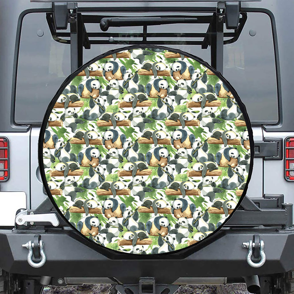 Watercolor Panda Bear Pattern Print Leather Spare Tire Cover