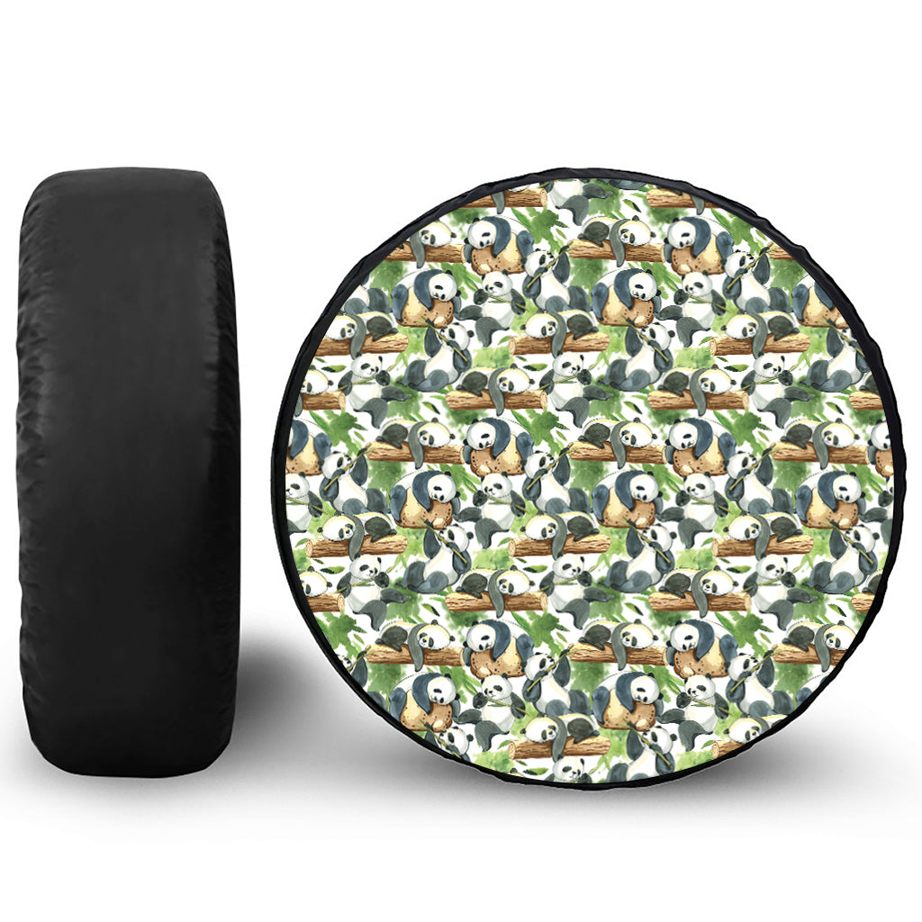 Watercolor Panda Bear Pattern Print Leather Spare Tire Cover