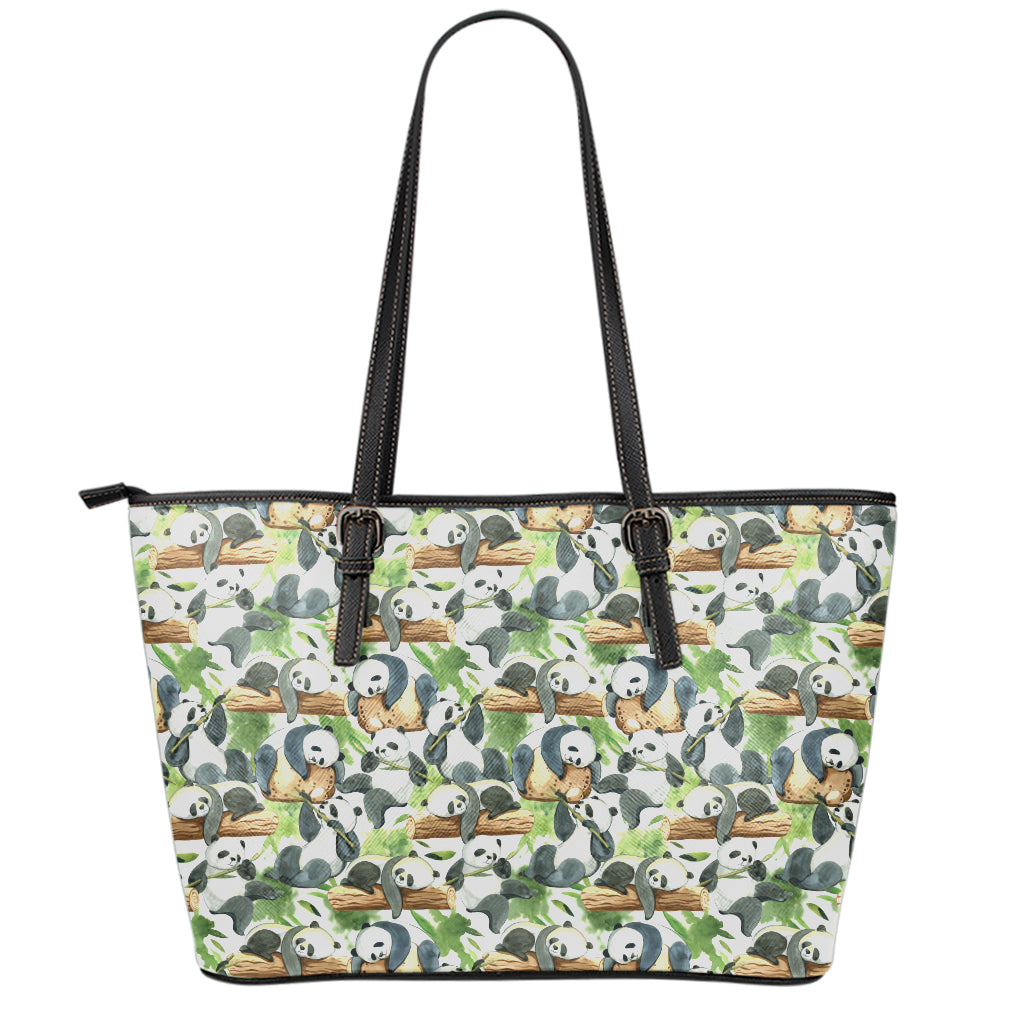 Watercolor Panda Bear Pattern Print Leather Tote Bag