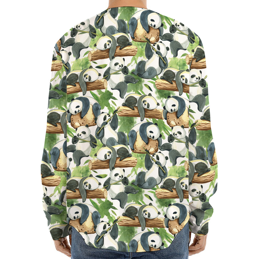 Watercolor Panda Bear Pattern Print Long Sleeve Baseball Jersey