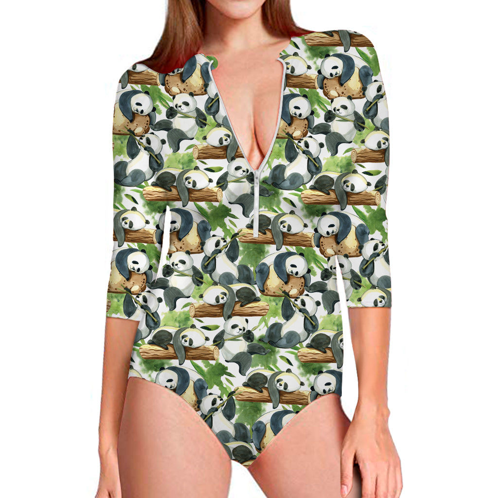 Watercolor Panda Bear Pattern Print Long Sleeve Swimsuit