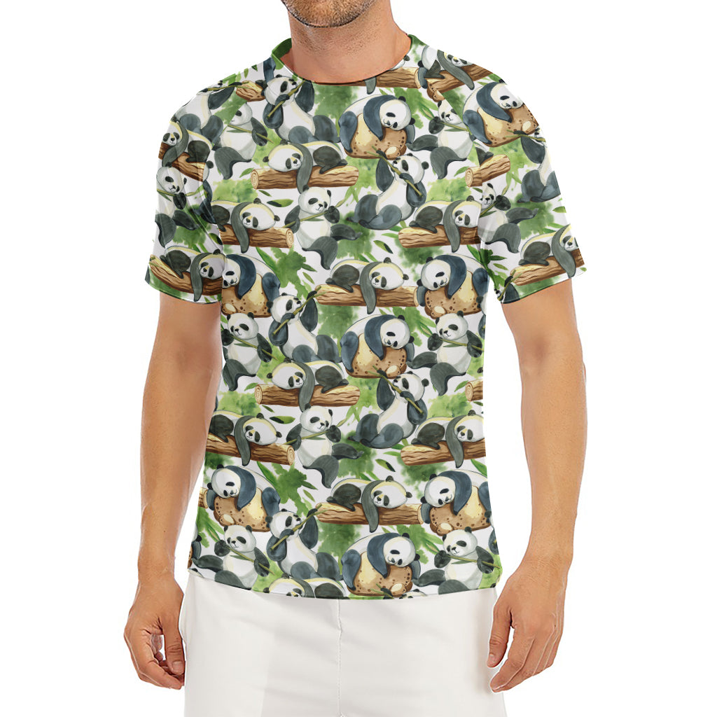 Watercolor Panda Bear Pattern Print Men's Short Sleeve Rash Guard