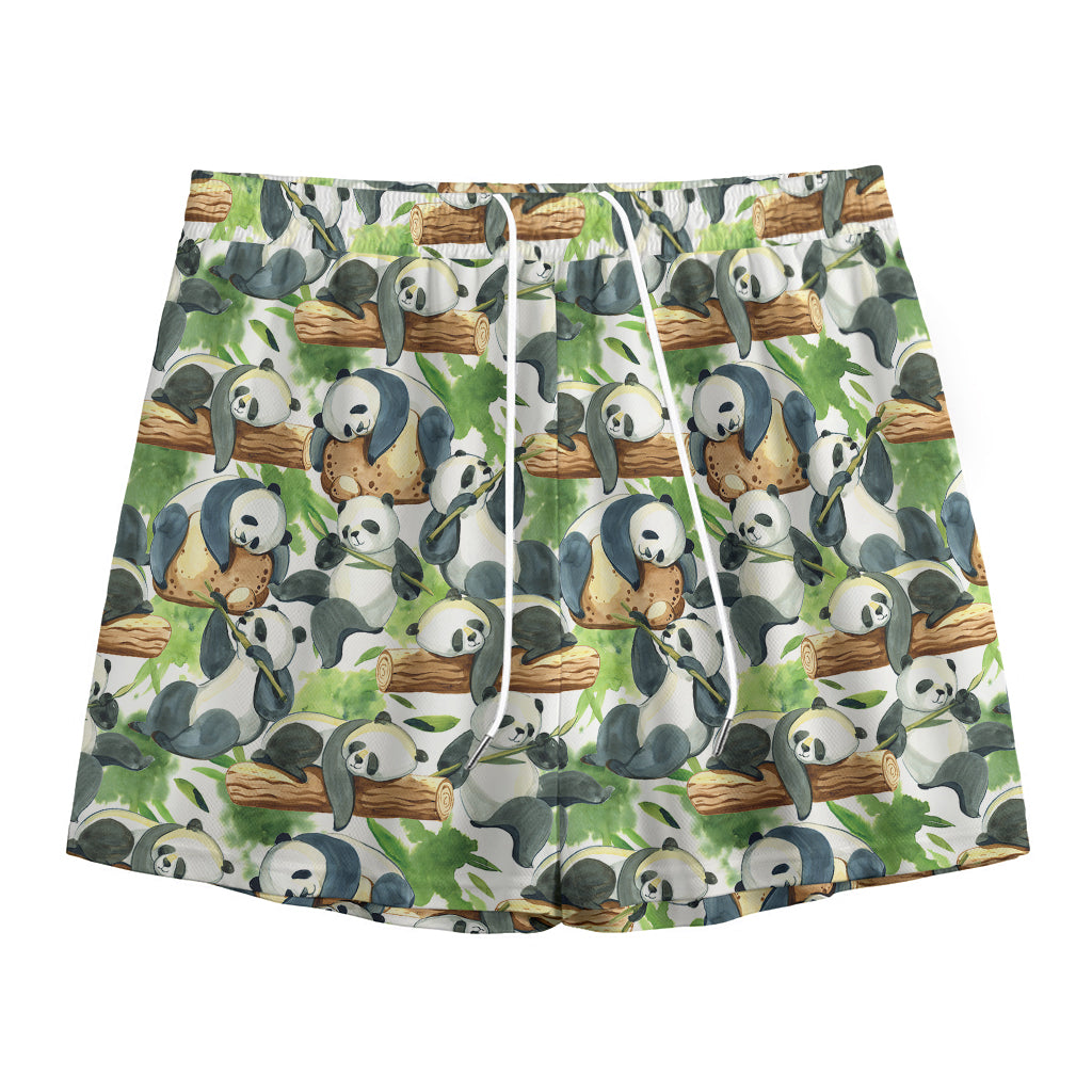 Watercolor Panda Bear Pattern Print Mesh Shorts