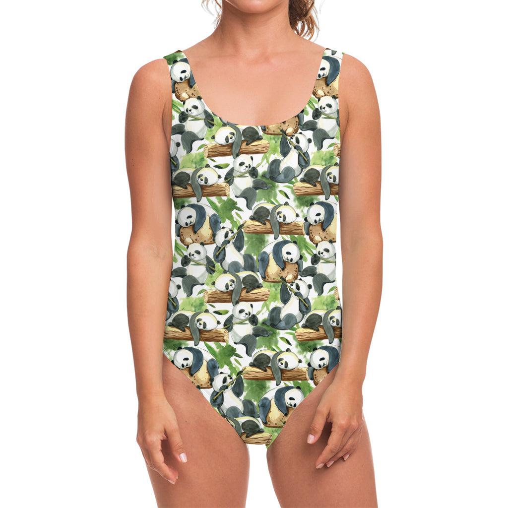 Watercolor Panda Bear Pattern Print One Piece Swimsuit