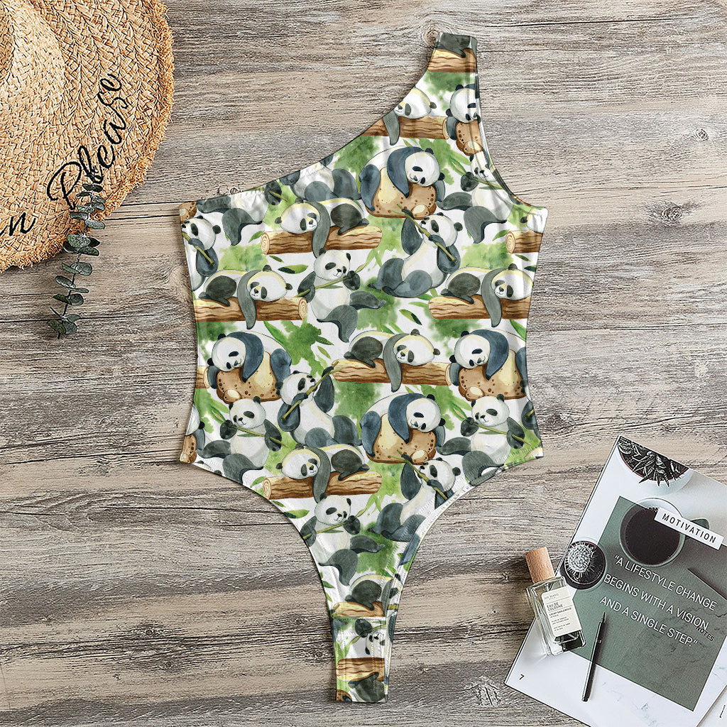 Watercolor Panda Bear Pattern Print One Shoulder Bodysuit