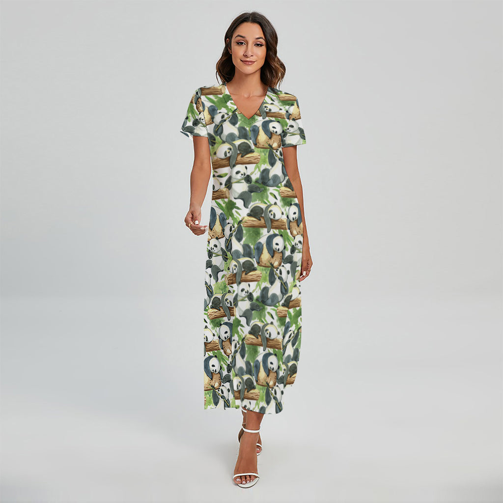 Watercolor Panda Bear Pattern Print Short Sleeve Maxi Dress