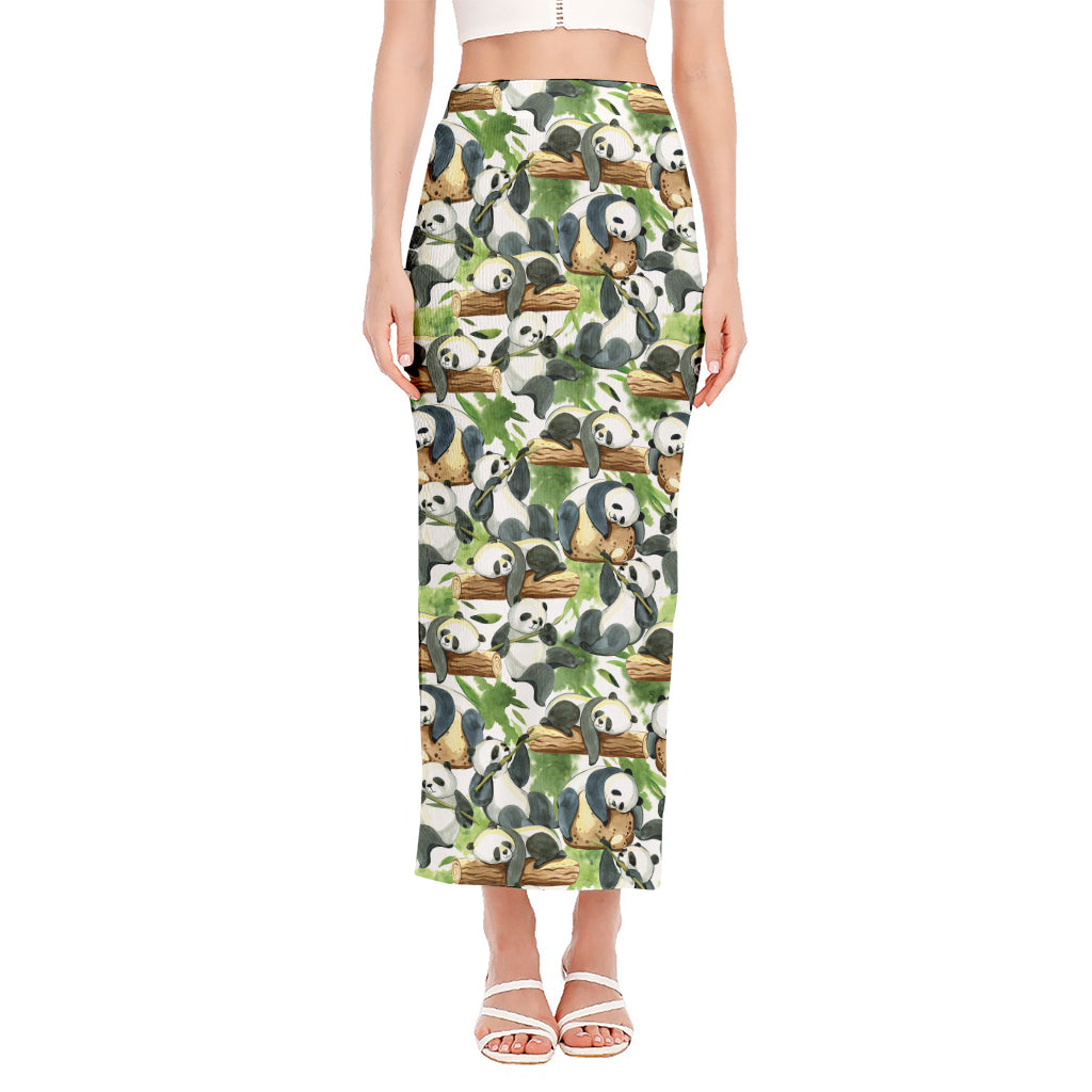 Watercolor Panda Bear Pattern Print Side Slit Maxi Skirt