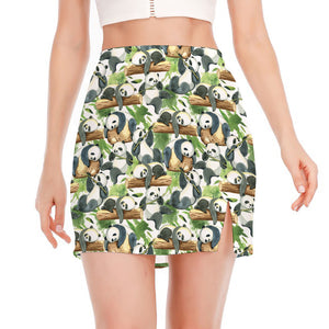 Watercolor Panda Bear Pattern Print Side Slit Mini Skirt