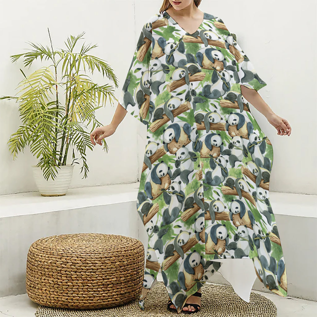 Watercolor Panda Bear Pattern Print Silk V-Neck Kaftan Dress