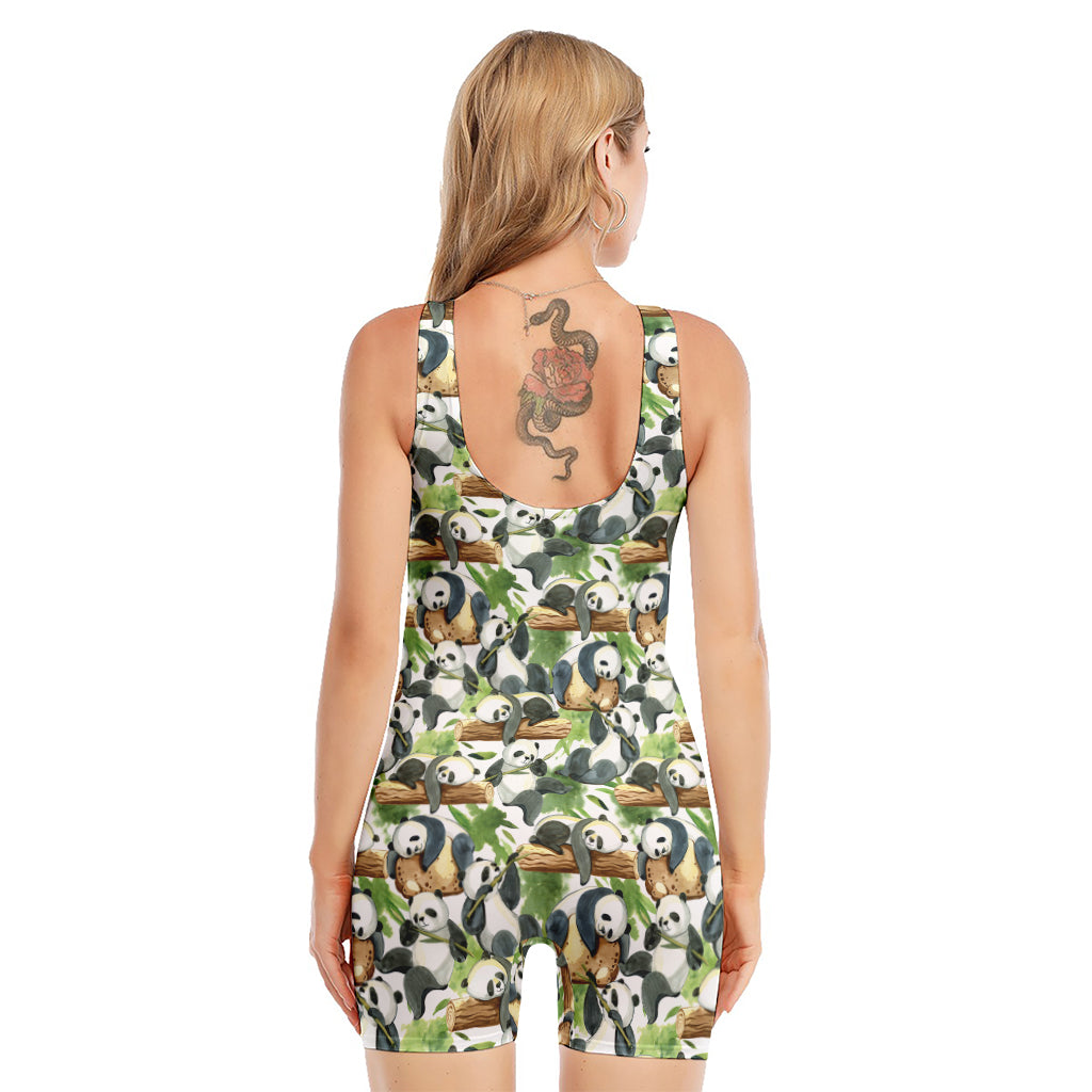 Watercolor Panda Bear Pattern Print Sleeveless One Piece Swimsuit