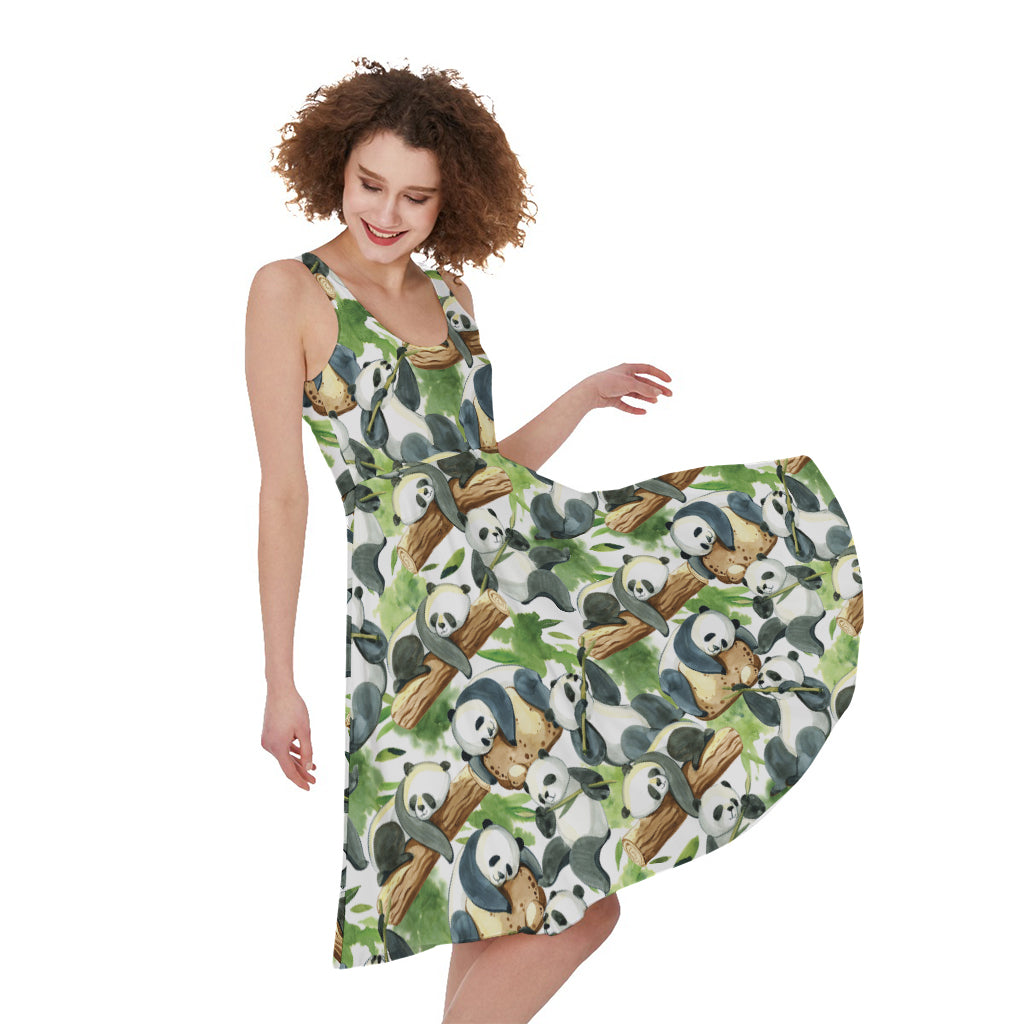 Watercolor Panda Bear Pattern Print Women's Sleeveless Dress