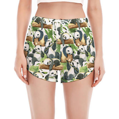 Watercolor Panda Bear Pattern Print Women's Split Running Shorts