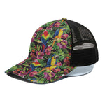 Watercolor Parrot Pattern Print Black Mesh Trucker Cap