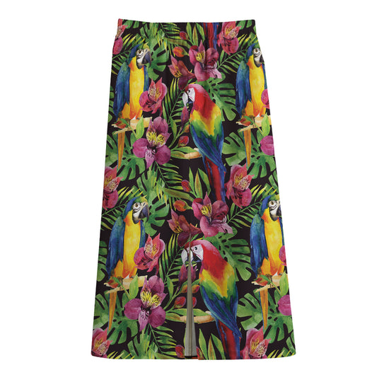 Watercolor Parrot Pattern Print Cotton Front Slit Maxi Skirt