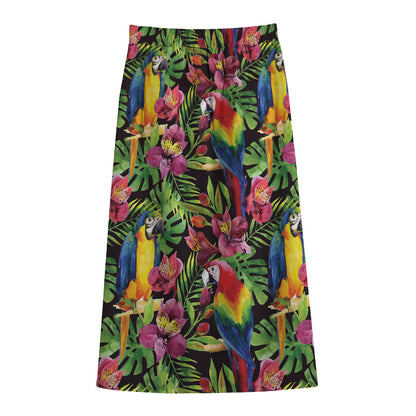 Watercolor Parrot Pattern Print Cotton Front Slit Maxi Skirt