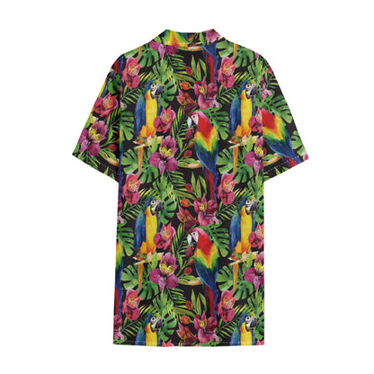 Watercolor Parrot Pattern Print Cotton Hawaiian Shirt