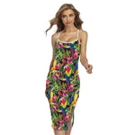 Watercolor Parrot Pattern Print Cross Back Cami Dress