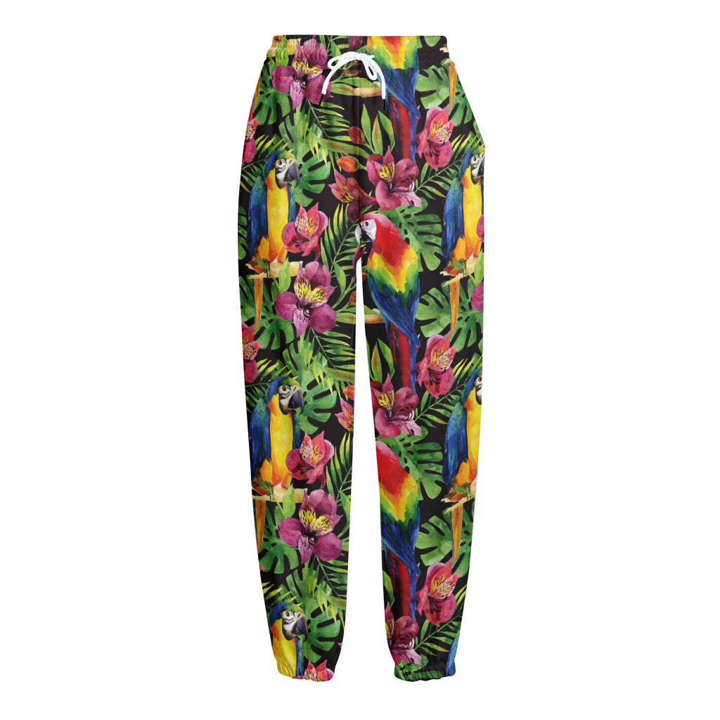Watercolor Parrot Pattern Print Fleece Lined Knit Pants
