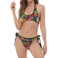 Watercolor Parrot Pattern Print Halter Scoop Tie Side Bikini