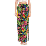 Watercolor Parrot Pattern Print High Slit Maxi Skirt