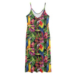 Watercolor Parrot Pattern Print Jersey Midi Cami Dress