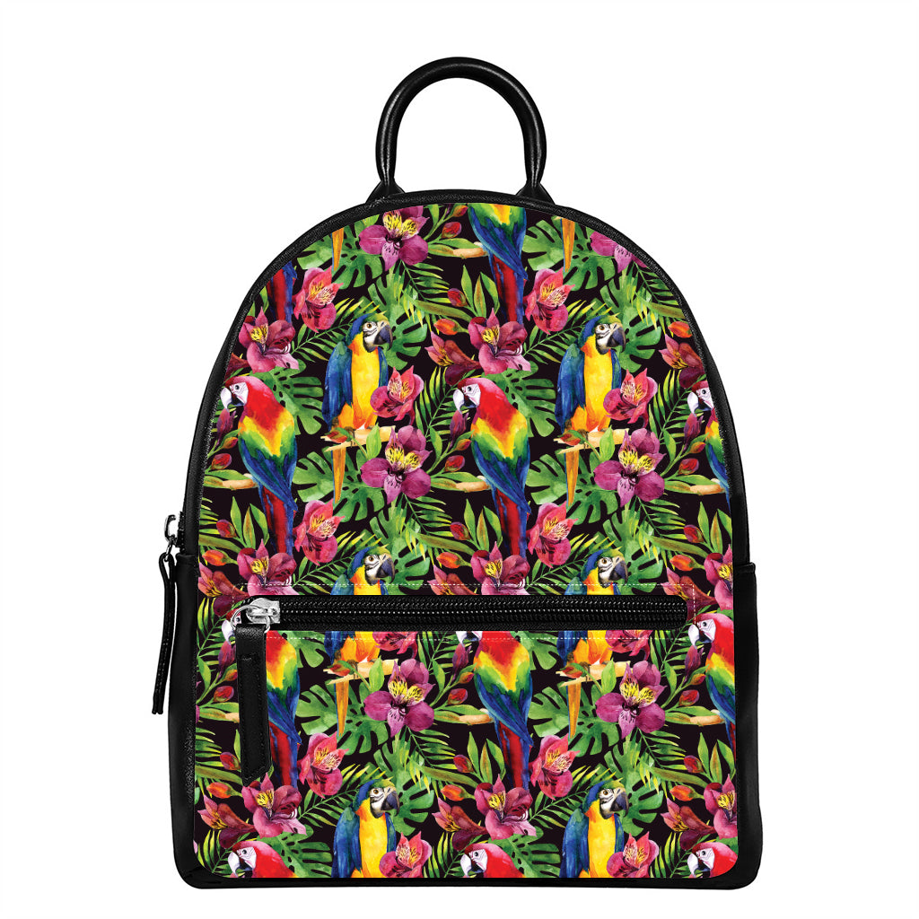 Watercolor Parrot Pattern Print Leather Backpack