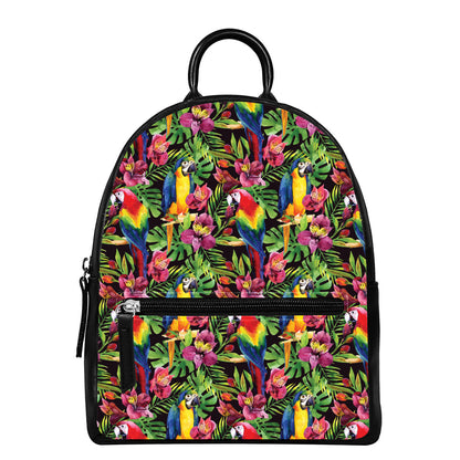 Watercolor Parrot Pattern Print Leather Backpack
