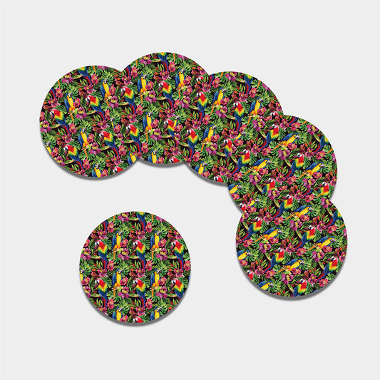 Watercolor Parrot Pattern Print Leather Coaster Set