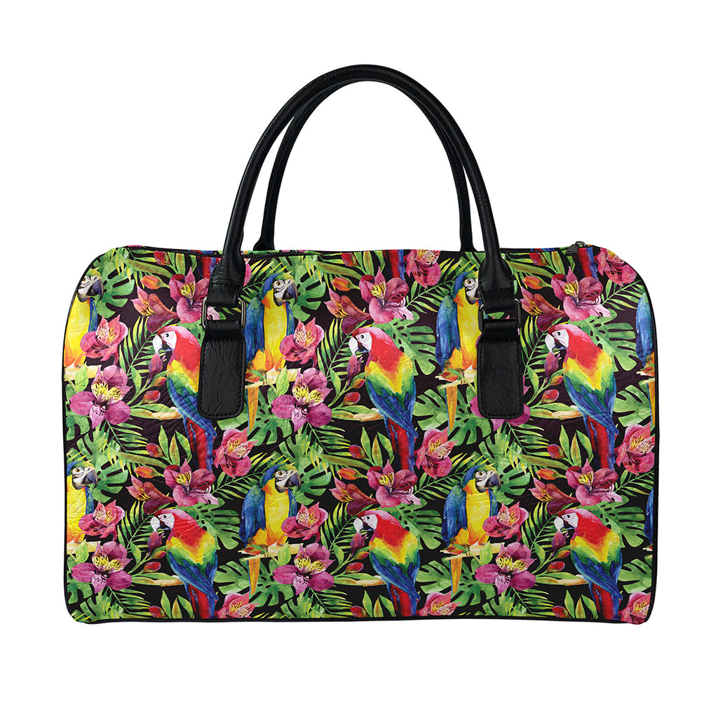 Watercolor Parrot Pattern Print Leather Duffle Bag
