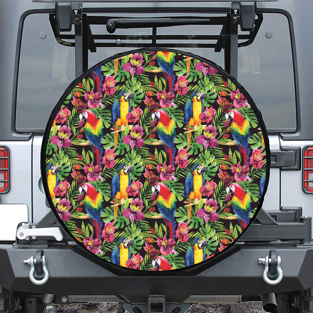 Watercolor Parrot Pattern Print Leather Spare Tire Cover