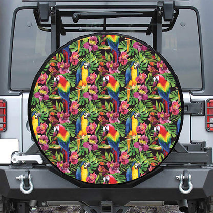 Watercolor Parrot Pattern Print Leather Spare Tire Cover