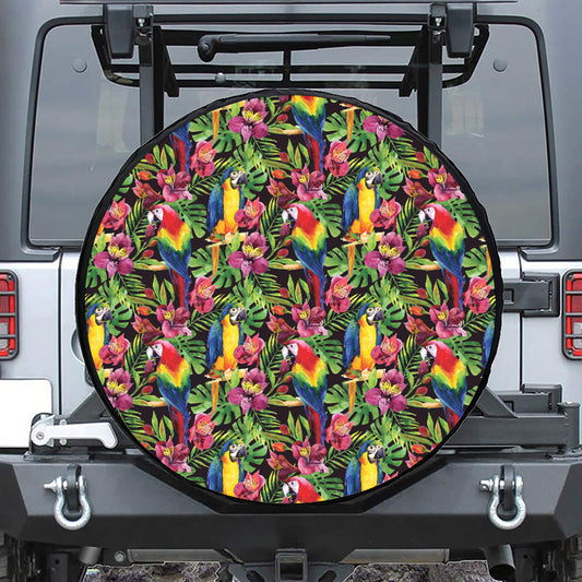 Watercolor Parrot Pattern Print Leather Spare Tire Cover