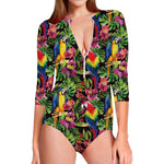 Watercolor Parrot Pattern Print Long Sleeve Swimsuit