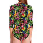 Watercolor Parrot Pattern Print Long Sleeve Swimsuit