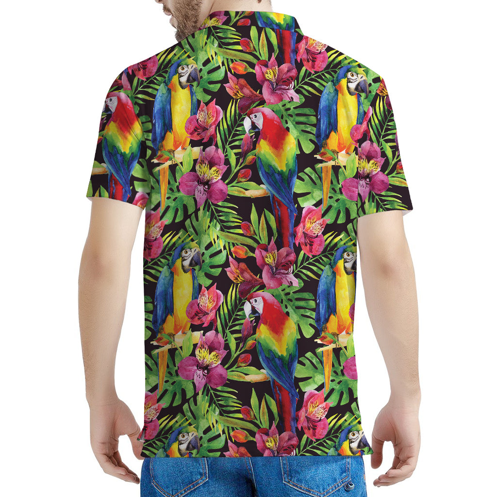 Watercolor Parrot Pattern Print Men's Polo Shirt
