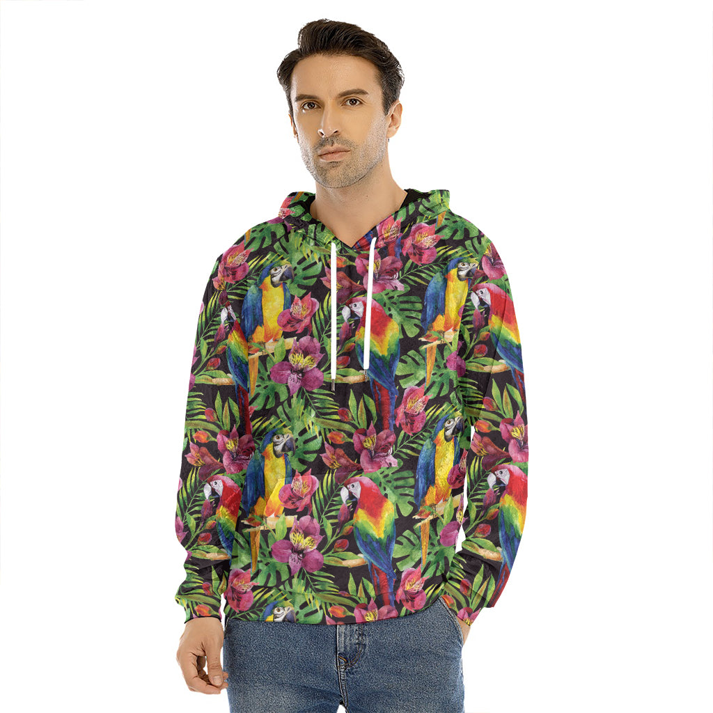 Watercolor Parrot Pattern Print Men's Velvet Pullover Hoodie