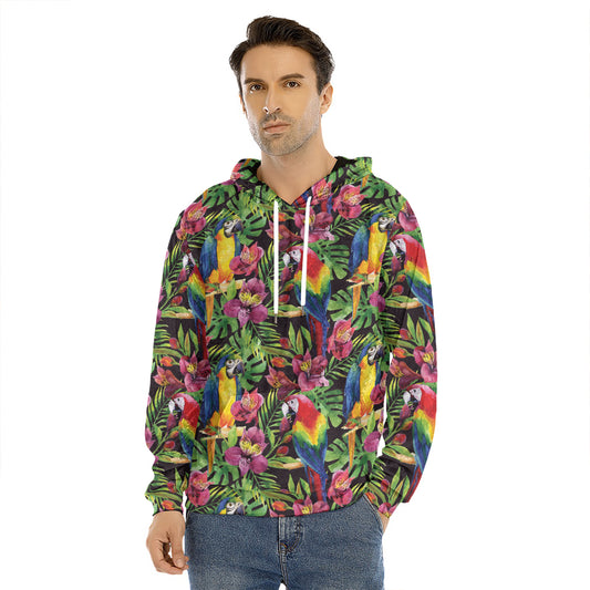 Watercolor Parrot Pattern Print Men's Velvet Pullover Hoodie