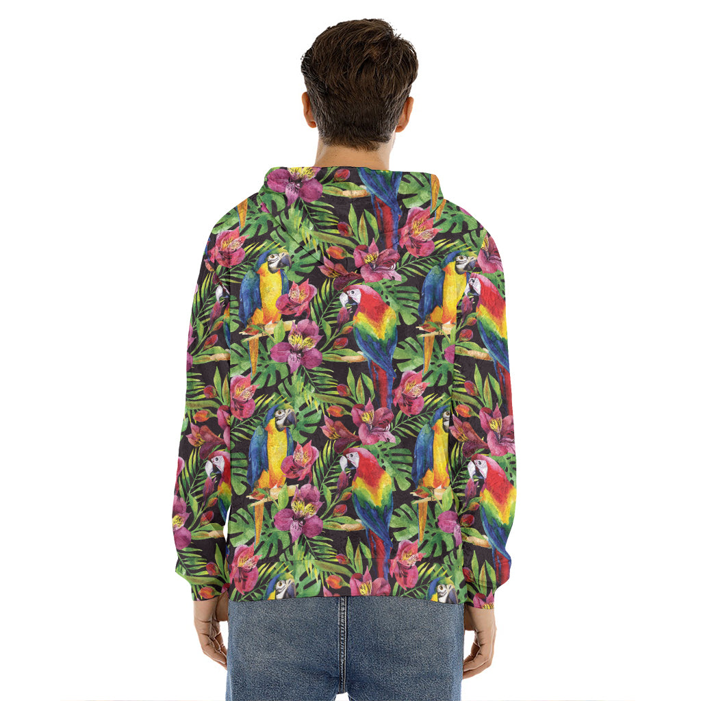Watercolor Parrot Pattern Print Men's Velvet Pullover Hoodie
